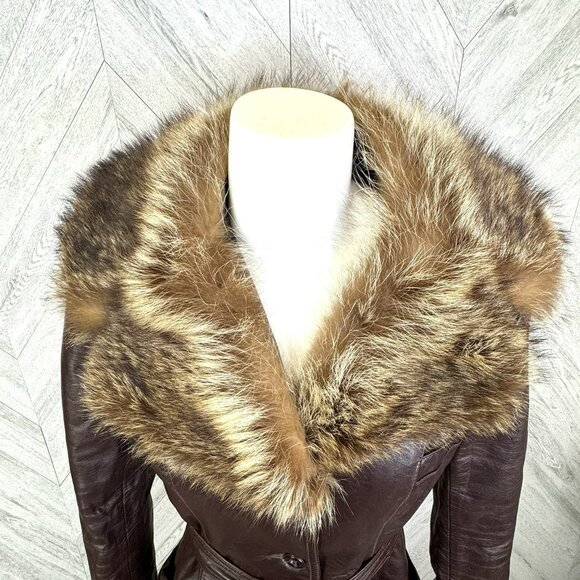 Vintage 70s Leather Trench Coat Womens Small Brown Belted Fur Trim Collar Boho - Picture 2 of 13